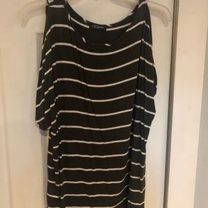 Colette Army/olive green with white stripes women small open shoulder blouse